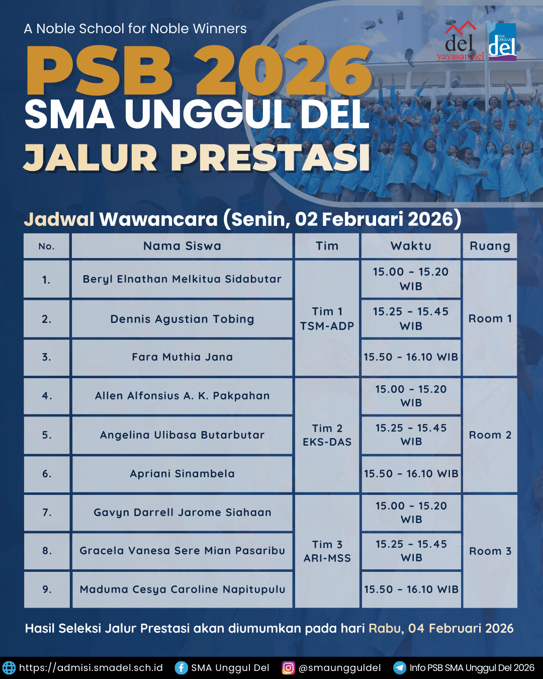 Jadwal Wawancara Hasi Seleksi Berkas Peserta Jalur Prestasi PSB SUD 2026 - 1